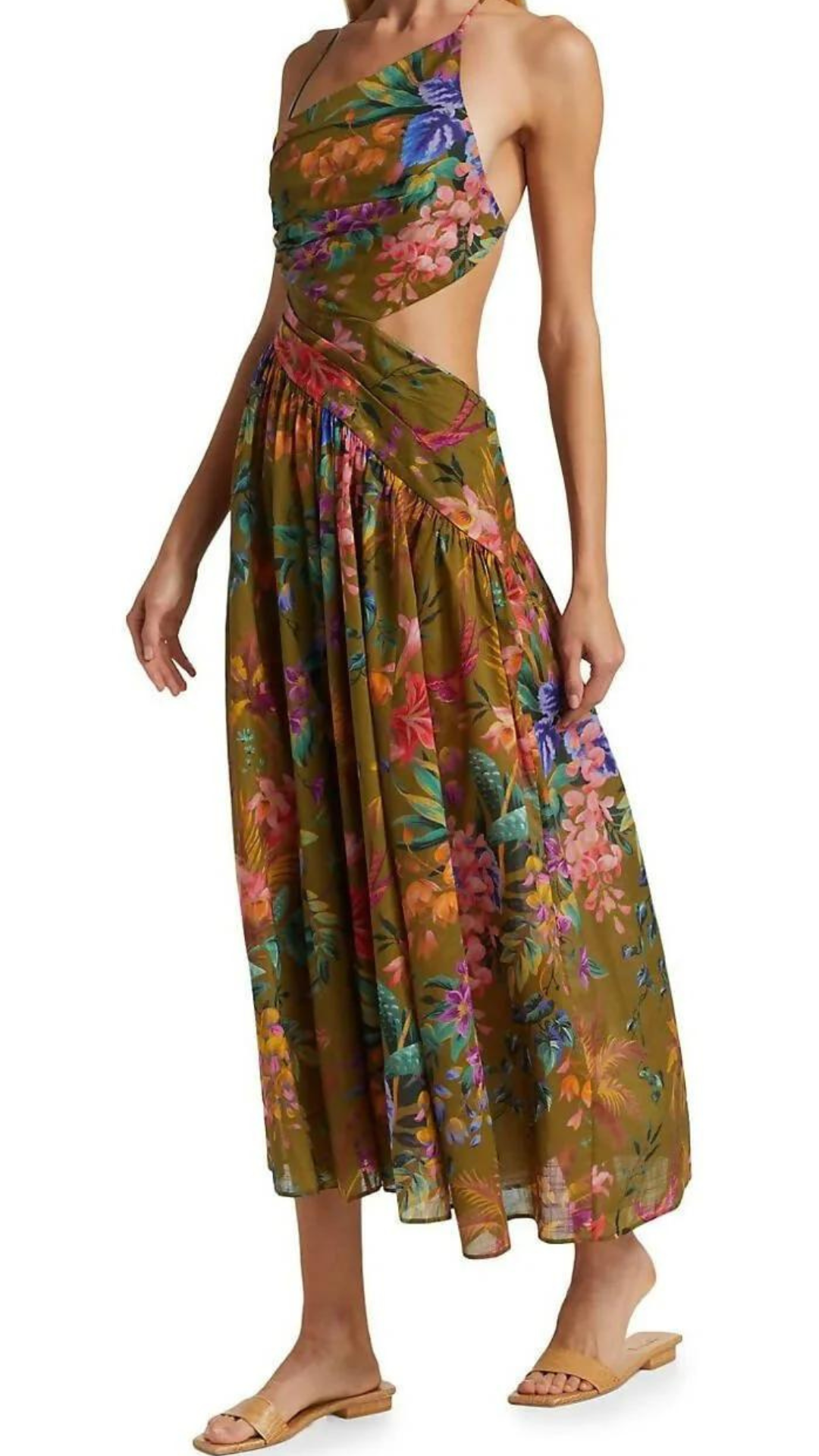 Zimmermann - Asymmetric Midi Dress - Khaki Floral Tropicana