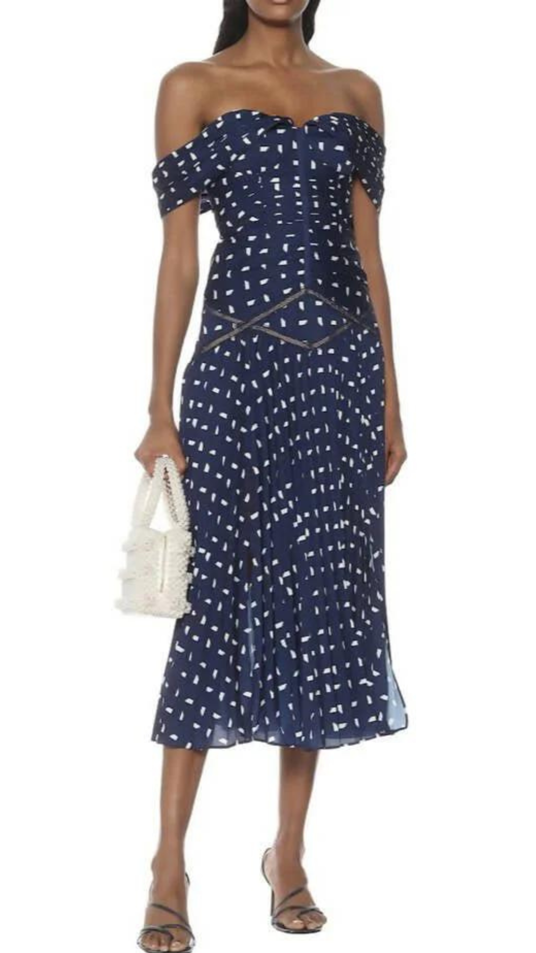 Self Portrait - Off-Shoulder Printed Crepe Dress - Navy