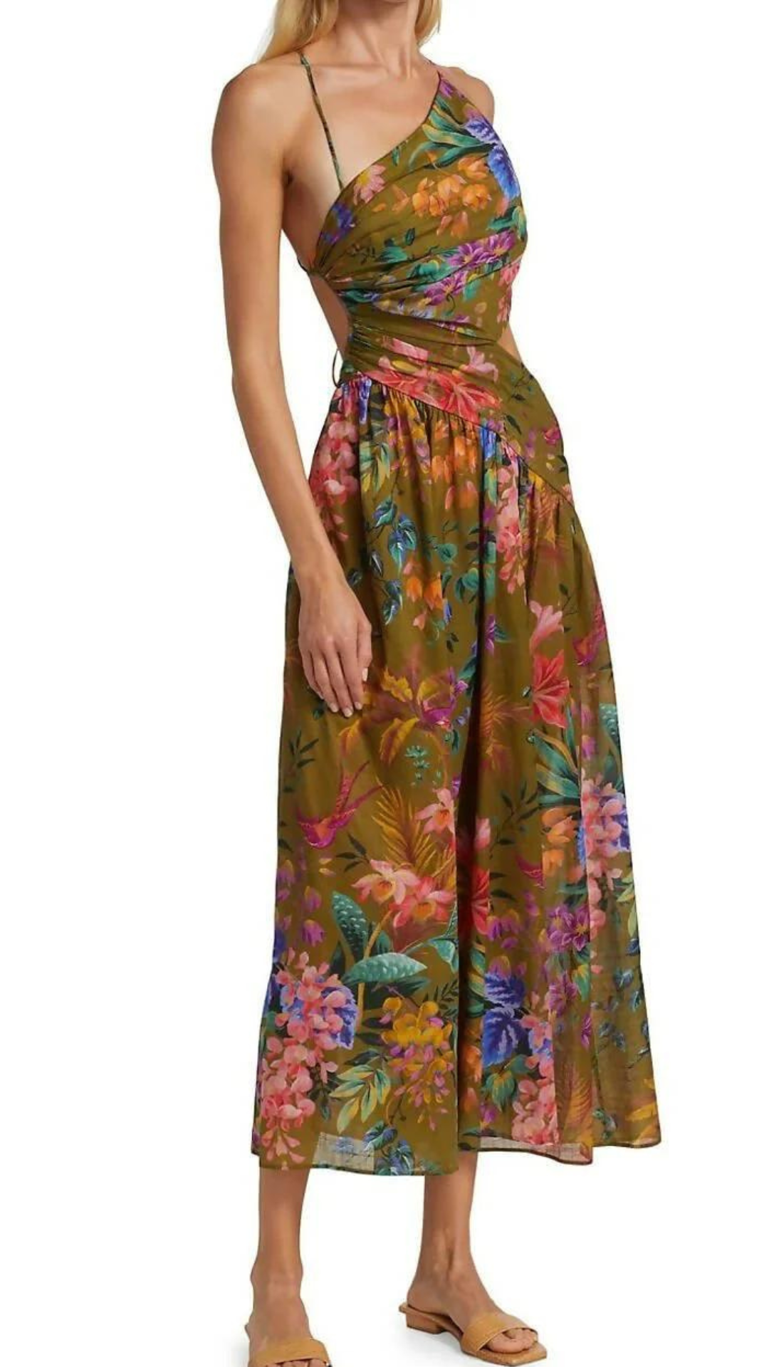 Zimmermann - Asymmetric Midi Dress - Khaki Floral Tropicana