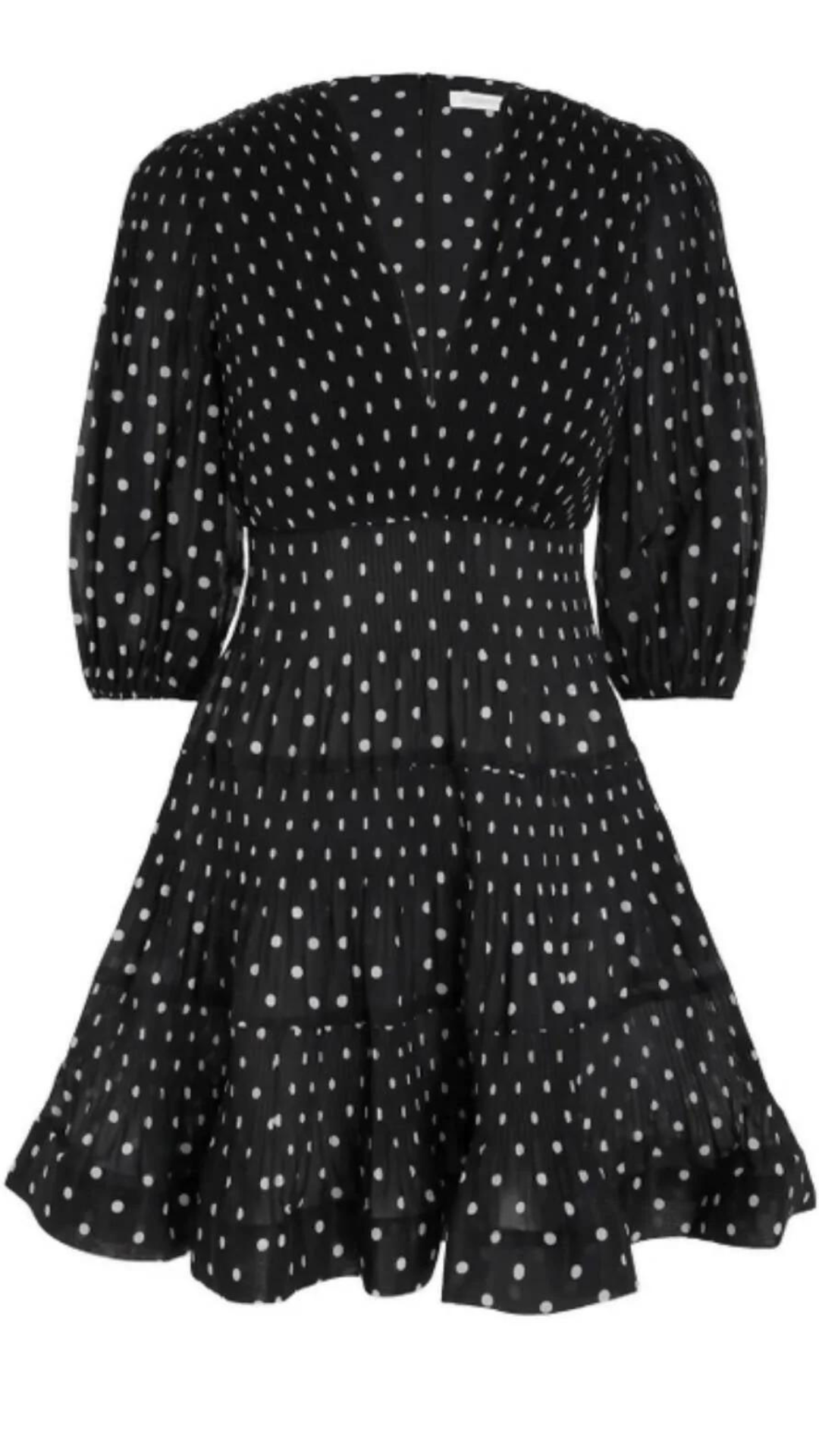 Zimmermann - Pleated Long Sleeve Mini - Black w/ Pearl Dot