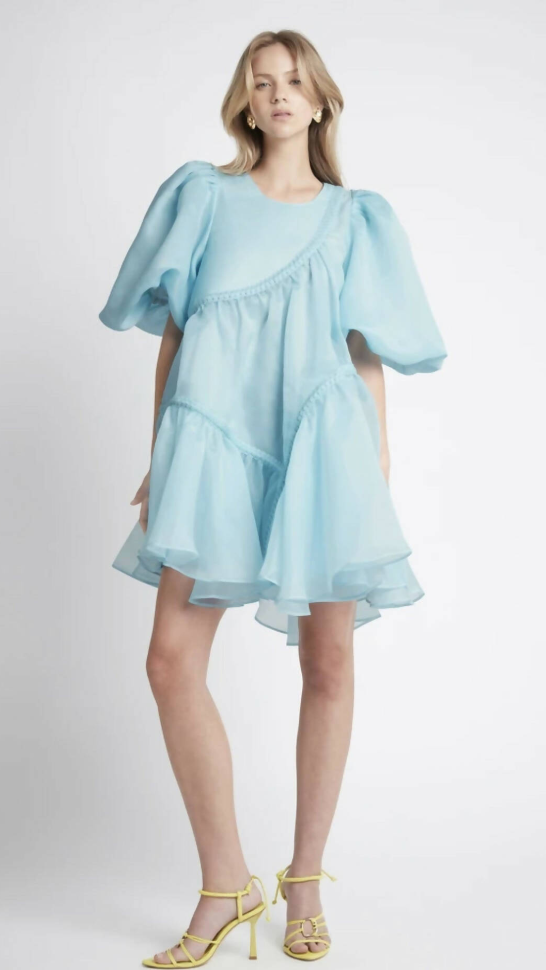 Aje - Riviera Asymmetric Braided Puff Sleeve Smock Mini Dress