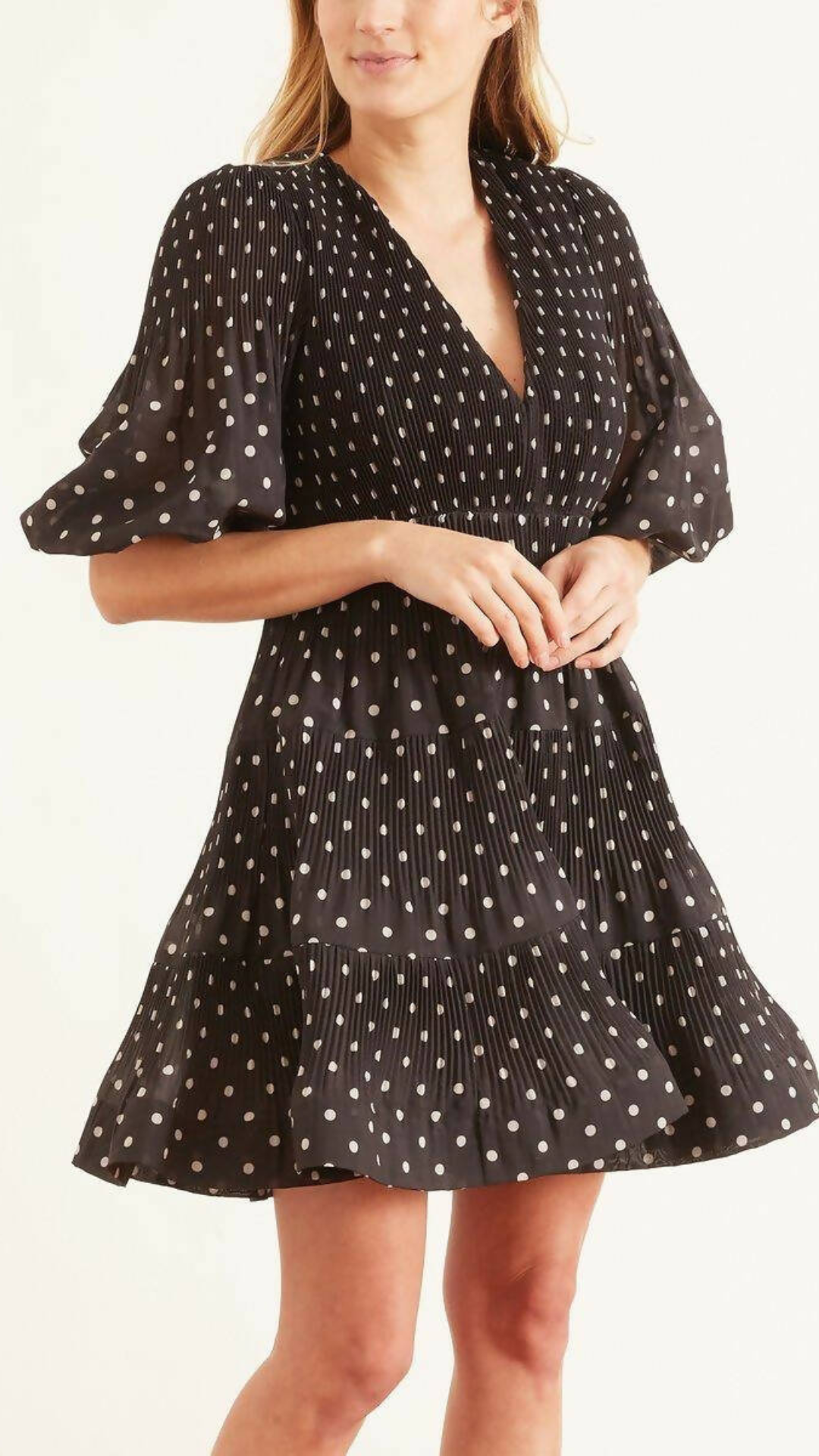 Zimmermann - Pleated Long Sleeve Mini - Black w/ Pearl Dot