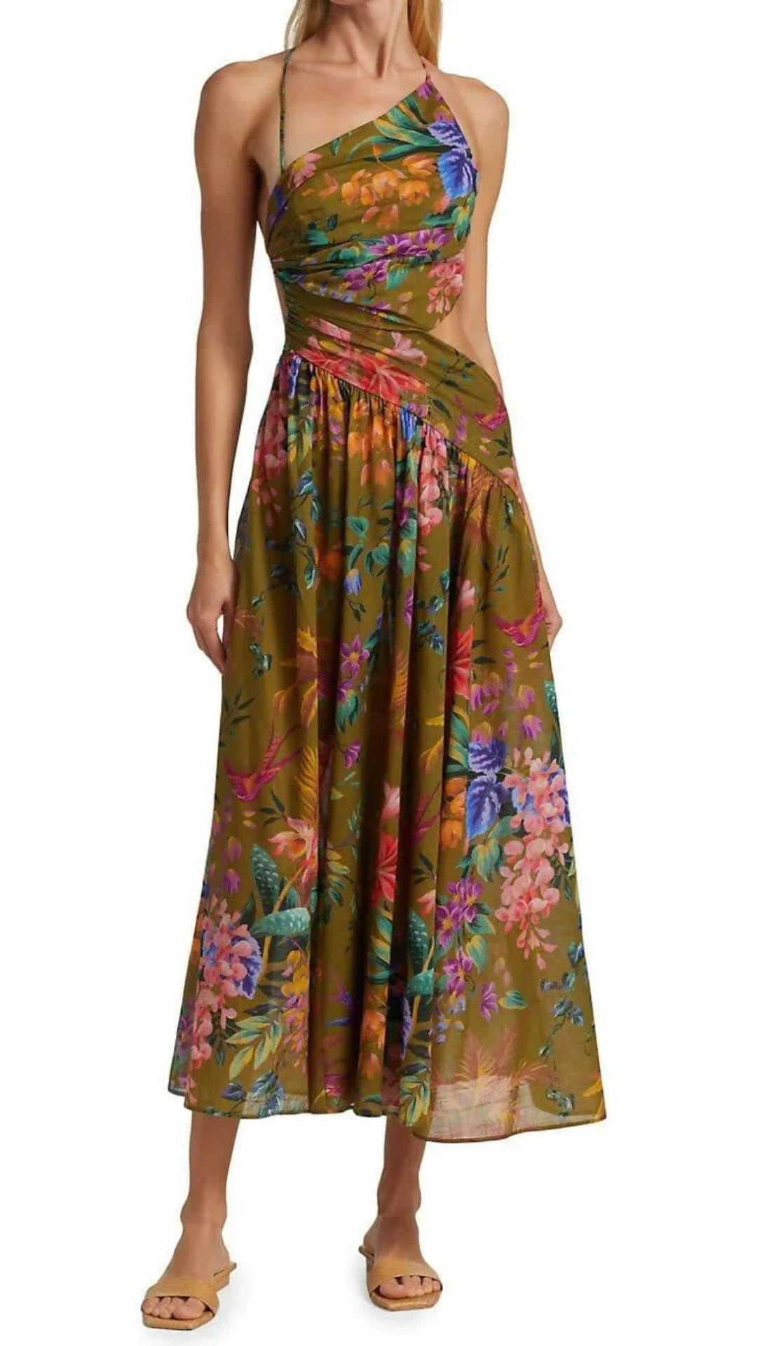 Zimmermann - Asymmetric Midi Dress - Khaki Floral Tropicana
