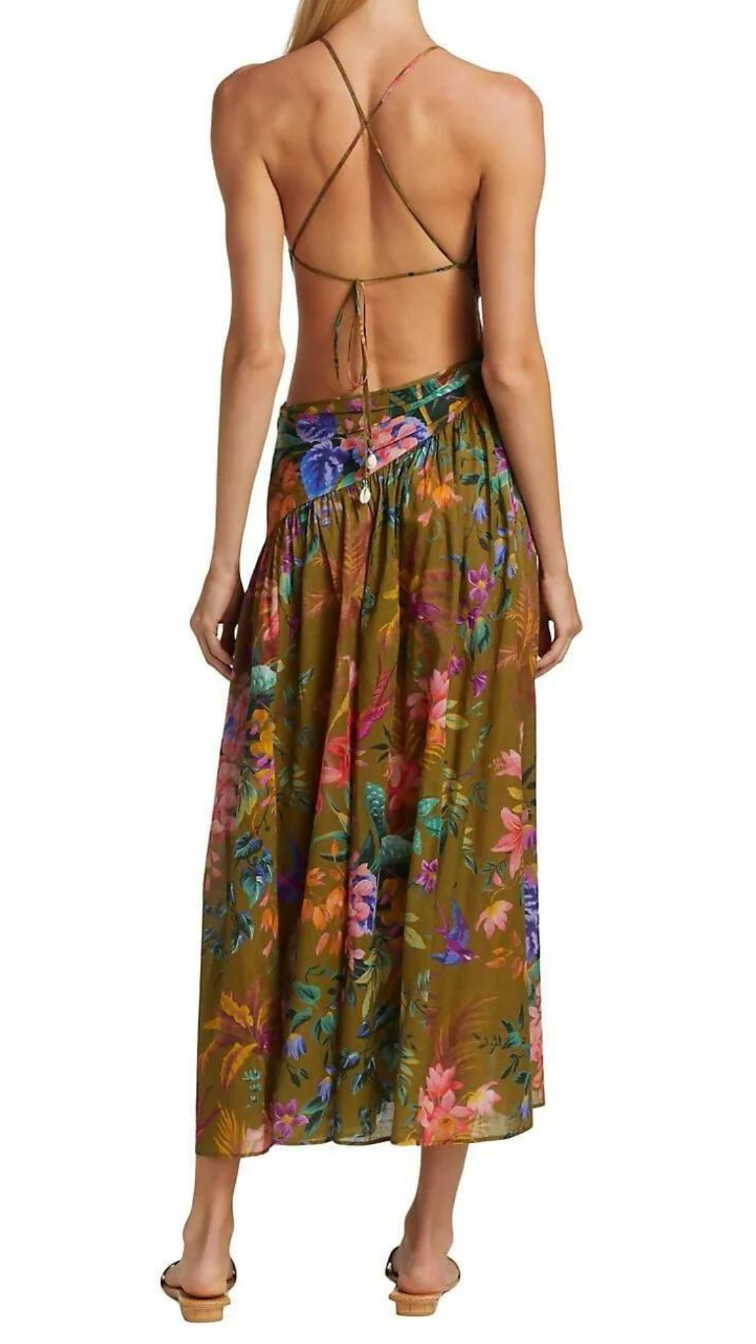 Zimmermann - Asymmetric Midi Dress - Khaki Floral Tropicana