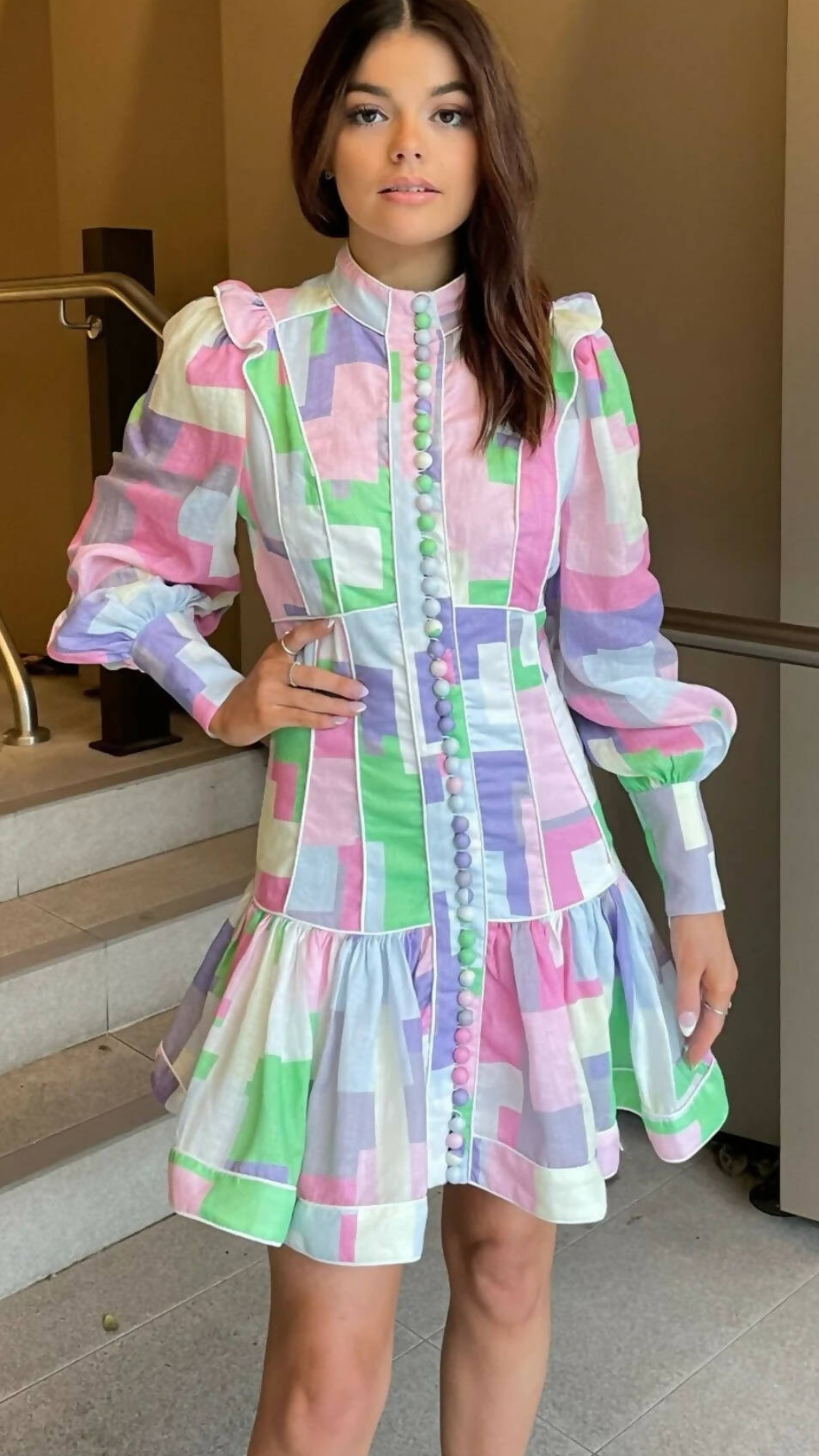 Mackenzie Mode - Button Me Up Mini Dress - Bright Geo