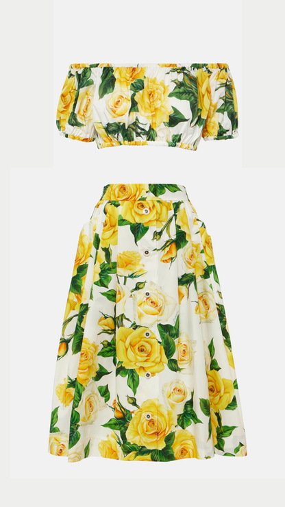 Dolce & Gabbana - Rose Printed Cropped Top & Pleated Cotton-Poplin Midi Skirt