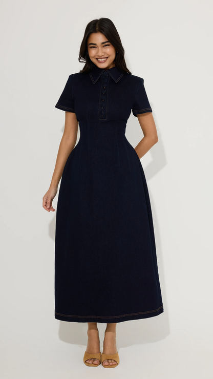 Odd Muse - Cotton Mix Denim Collared Midi Dress