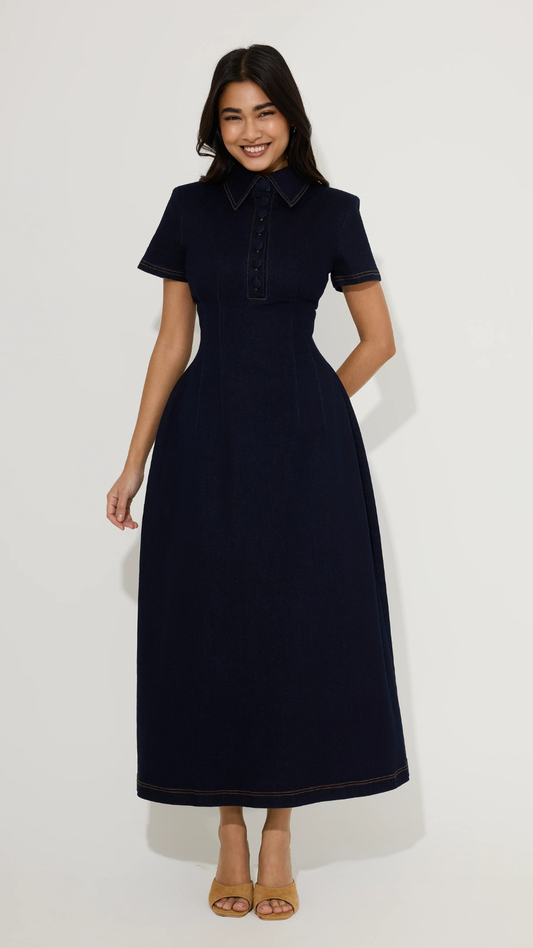 Odd Muse - Cotton Mix Denim Collared Midi Dress