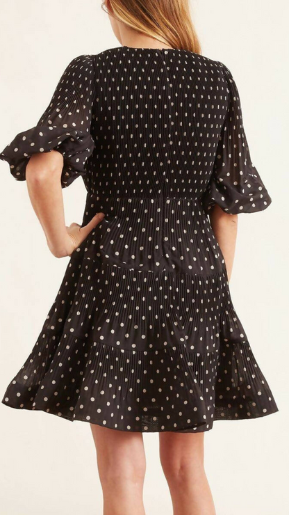 Zimmermann - Pleated Long Sleeve Mini - Black w/ Pearl Dot