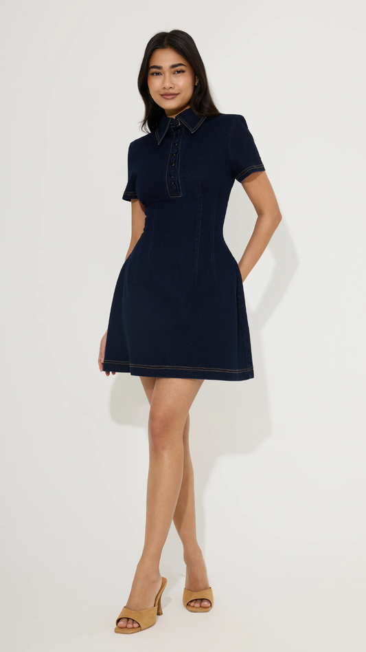 Odd Muse - Cotton Mix Denim Collared Mini Dress