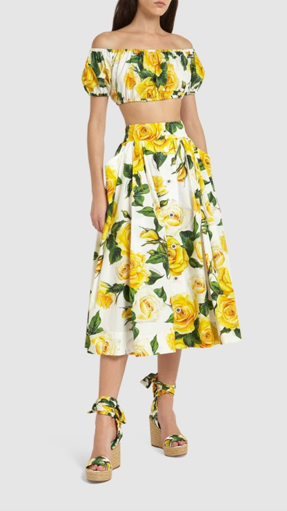 Dolce & Gabbana - Rose Printed Cropped Top & Pleated Cotton-Poplin Midi Skirt