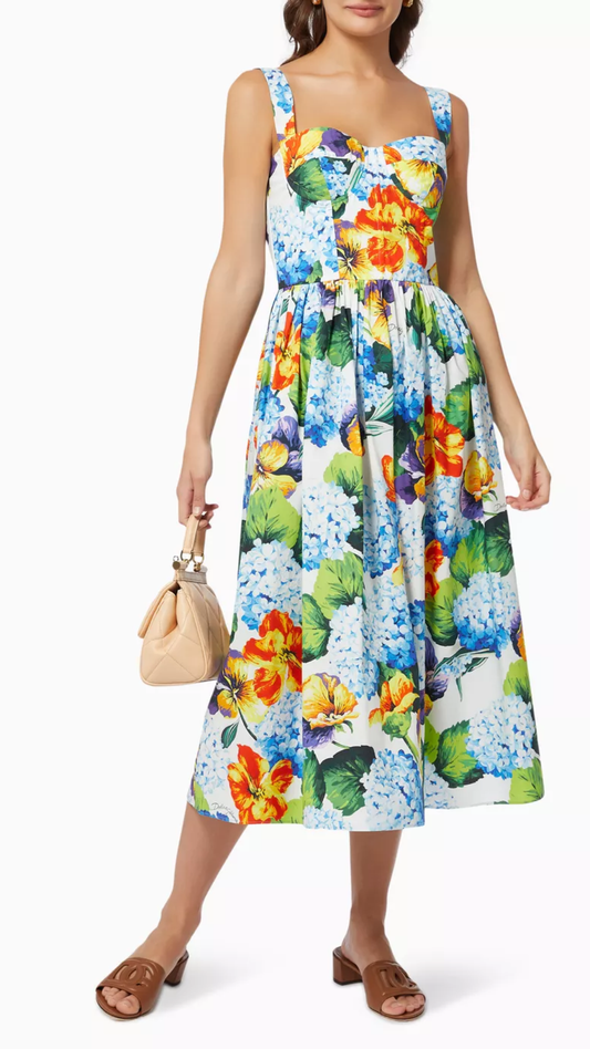 Dolce & Gabbana - Multi Floral Printed Cotton Poplin Bustier Midi Dress