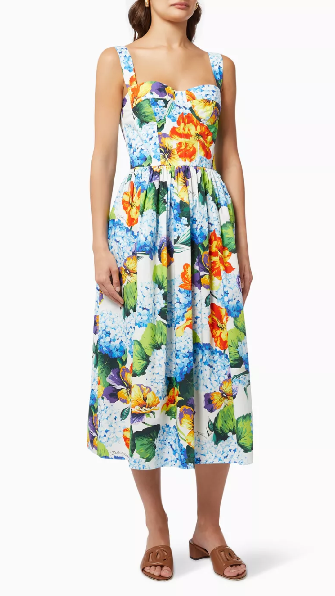 Dolce & Gabbana - Multi Floral Printed Cotton Poplin Bustier Midi Dress