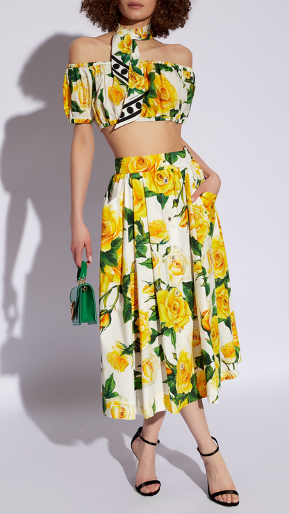 Dolce & Gabbana - Rose Printed Cropped Top & Pleated Cotton-Poplin Midi Skirt