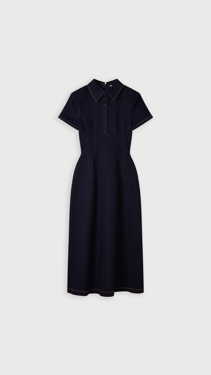 Odd Muse - Cotton Mix Denim Collared Midi Dress