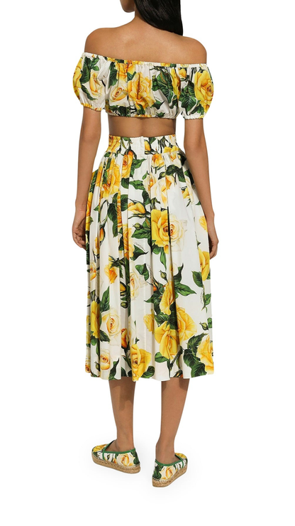 Dolce & Gabbana - Rose Printed Cropped Top & Pleated Cotton-Poplin Midi Skirt