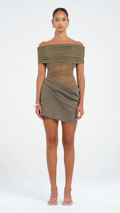 Benni - Nico Off Shoulder Mini Dress in Khaki